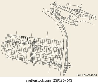 Detailed hand-drawn navigational urban street roads map of the CITY OF BELL of the American LOS ANGELES CITY COUNCIL, UNITED STATES with vivid road lines and name tag on solid background