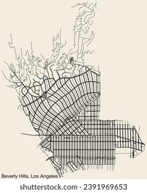 Mapa detallado de las carreteras urbanas de la ciudad de BEVERLY HILLS de American LOS ANGELES CITY COUNCIL, ESTADOS UNIDOS con líneas vitales y etiquetas con nombres en un fondo sólido