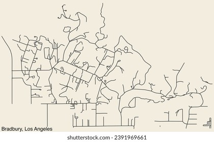 Detailed hand-drawn navigational urban street roads map of the CITY OF BRADBURY of the American LOS ANGELES CITY COUNCIL, UNITED STATES with vivid road lines and name tag on solid background