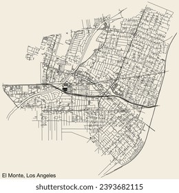 Detailed hand-drawn navigational urban street roads map of the CITY OF EL MONTE of the American LOS ANGELES CITY COUNCIL, UNITED STATES with vivid road lines and name tag on solid background