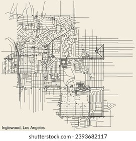 Detailed hand-drawn navigational urban street roads map of the CITY OF INGLEWOOD  of the American LOS ANGELES CITY COUNCIL, UNITED STATES with vivid road lines and name tag on solid background