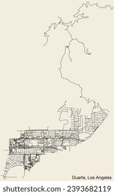 Mapa detallado de las carreteras urbanas de navegación a mano de la CIUDAD DE DUARTE del CONSEJO CIUDAD DE LOS ÁNGELES, ESTADOS UNIDOS, con líneas viales vívidas y nombre en fondo sólido