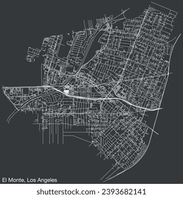 Detailed hand-drawn navigational urban street roads map of the CITY OF EL MONTE of the American LOS ANGELES CITY COUNCIL, UNITED STATES with vivid road lines and name tag on solid background