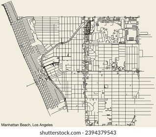 Detailed hand-drawn navigational urban street roads map of the CITY OF MANHATTAN BEACH of the American LOS ANGELES CITY COUNCIL, UNITED STATES with vivid road lines and name tag on solid background