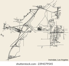 Detailed hand-drawn navigational urban street roads map of the CITY OF IRWINDALE of the American LOS ANGELES CITY COUNCIL, UNITED STATES with vivid road lines and name tag on solid background