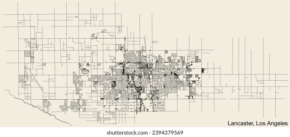 Detailed hand-drawn navigational urban street roads map of the CITY OF LANCASTER of the American LOS ANGELES CITY COUNCIL, UNITED STATES with vivid road lines and name tag on solid background