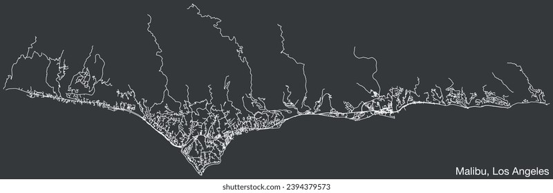 Detailed hand-drawn navigational urban street roads map of the CITY OF MALIBU of the American LOS ANGELES CITY COUNCIL, UNITED STATES with vivid road lines and name tag on solid background