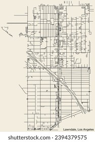 Detailed hand-drawn navigational urban street roads map of the CITY OF LAWNDALE of the American LOS ANGELES CITY COUNCIL, UNITED STATES with vivid road lines and name tag on solid background