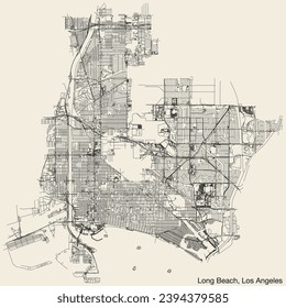 Detailed hand-drawn navigational urban street roads map of the CITY OF LONG BEACH of the American LOS ANGELES CITY COUNCIL, UNITED STATES with vivid road lines and name tag on solid background