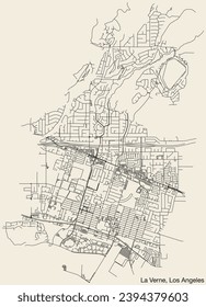 Mapa detallado de las carreteras urbanas de navegación a mano de la CIUDAD DE LA VERNE del CONSEJO CIUDAD DE LOS ÁNGELES, ESTADOS UNIDOS con líneas viales vívidas y etiqueta de nombre en fondo sólido