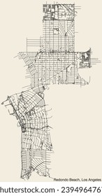 Detailed hand-drawn navigational urban street roads map of the CITY OF REDONDO BEACH of the American LOS ANGELES CITY COUNCIL, UNITED STATES with vivid road lines and name tag on solid background