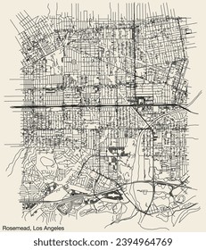 Detailed hand-drawn navigational urban street roads map of the CITY OF ROSEMEAD of the American LOS ANGELES CITY COUNCIL, UNITED STATES with vivid road lines and name tag on solid background