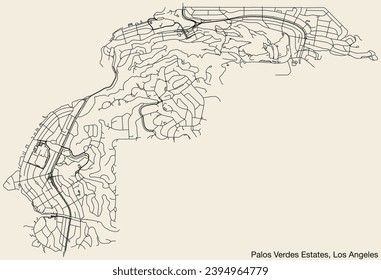 Detailed hand-drawn navigational urban street roads map of the CITY OF PALOS VERDES ESTATES of the American LOS ANGELES CITY COUNCIL, UNITED STATES with vivid road lines and name tag on solid backgrou