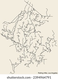 Detailed hand-drawn navigational urban street roads map of the CITY OF ROLLING HILLS of the American LOS ANGELES CITY COUNCIL, UNITED STATES with vivid road lines and name tag on solid background