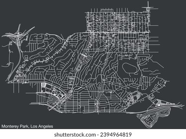 Detailed hand-drawn navigational urban street roads map of the CITY OF MONTEREY PARK of the American LOS ANGELES CITY COUNCIL, UNITED STATES with vivid road lines and name tag on solid background