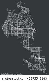 Mapa detallado de las carreteras urbanas de navegación a mano de la CIUDAD DE SANTA FE SPRINGS del CONSEJO CIUDAD DE LOS ANGELES, ESTADOS UNIDOS con líneas vitales y etiquetas con nombres en un fondo sólido