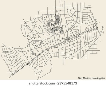 Detailed hand-drawn navigational urban street roads map of the CITY OF SAN MARINO of the American LOS ANGELES CITY COUNCIL, UNITED STATES with vivid road lines and name tag on solid background