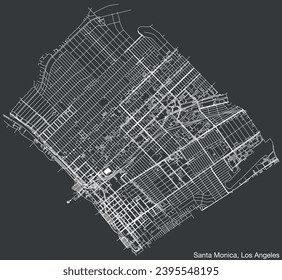 Detaillierte, handgezeichnete Straßenkarte der Stadt SANTA MONICA des American LOS ANGELES CITY RATES, VEREINIGTE STAATEN mit lebhaften Straßenleinen und Namensschild auf festem Hintergrund