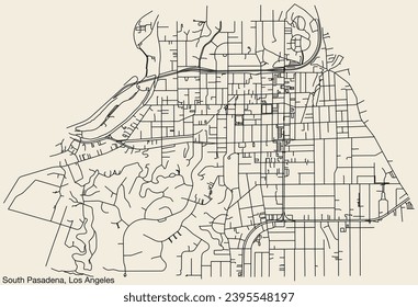 Detailed hand-drawn navigational urban street roads map of the CITY OF SOUTH PASADENA of the American LOS ANGELES CITY COUNCIL, UNITED STATES with vivid road lines and name tag on solid background