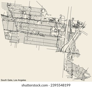 Detailed hand-drawn navigational urban street roads map of the CITY OF SOUTH GATE of the American LOS ANGELES CITY COUNCIL, UNITED STATES with vivid road lines and name tag on solid background