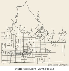 Detailed hand-drawn navigational urban street roads map of the CITY OF SIERRA MADRE of the American LOS ANGELES CITY COUNCIL, UNITED STATES with vivid road lines and name tag on solid background