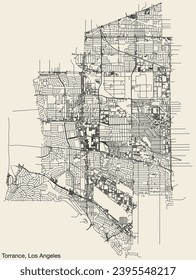 Detailed hand-drawn navigational urban street roads map of the CITY OF TORRANCE of the American LOS ANGELES CITY COUNCIL, UNITED STATES with vivid road lines and name tag on solid background