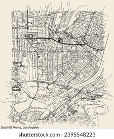 Detailed hand-drawn navigational urban street roads map of the CITY OF SOUTH EL MONTE of the American LOS ANGELES CITY COUNCIL, UNITED STATES with vivid road lines and name tag on solid background