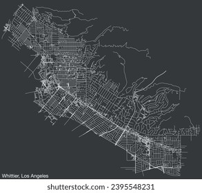 Detailed hand-drawn navigational urban street roads map of the CITY OF WHITTIER of the American LOS ANGELES CITY COUNCIL, UNITED STATES with vivid road lines and name tag on solid background