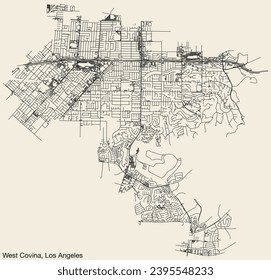 Detailed hand-drawn navigational urban street roads map of the CITY OF WEST COVINA of the American LOS ANGELES CITY COUNCIL, UNITED STATES with vivid road lines and name tag on solid background