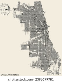 Detailed hand-drawn navigational urban street roads map of the American city of CHICAGO, ILLINOIS with vivid road lines and name tag on solid background