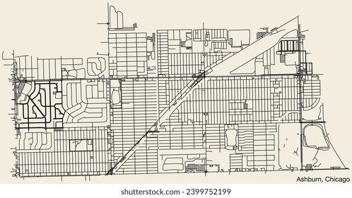 Detailed hand-drawn navigational urban street roads map of the ASHBURN COMMUNITY AREA of the American city of CHICAGO, ILLINOIS with vivid road lines and name tag on solid background