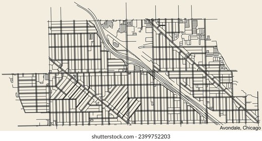 Detailed hand-drawn navigational urban street roads map of the AVONDALE COMMUNITY AREA of the American city of CHICAGO, ILLINOIS with vivid road lines and name tag on solid background