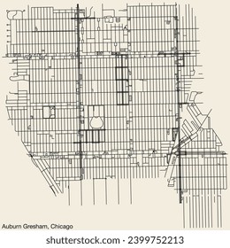 Detailed hand-drawn navigational urban street roads map of the AUBURN GRESHAM COMMUNITY AREA of the American city of CHICAGO, ILLINOIS with vivid road lines and name tag on solid background