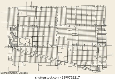 Detailed hand-drawn navigational urban street roads map of the BELMONT CRAGIN COMMUNITY AREA of the American city of CHICAGO, ILLINOIS with vivid road lines and name tag on solid background