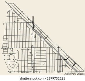 Detailed hand-drawn navigational urban street roads map of the AVALON PARK COMMUNITY AREA of the American city of CHICAGO, ILLINOIS with vivid road lines and name tag on solid background