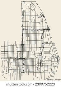 Detailed hand-drawn navigational urban street roads map of the BEVERLY COMMUNITY AREA of the American city of CHICAGO, ILLINOIS with vivid road lines and name tag on solid background