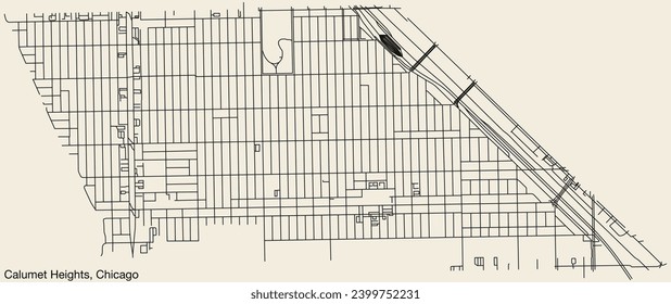 Detailed hand-drawn navigational urban street roads map of the CALUMET HEIGHTS COMMUNITY AREA of the American city of CHICAGO, ILLINOIS with vivid road lines and name tag on solid background