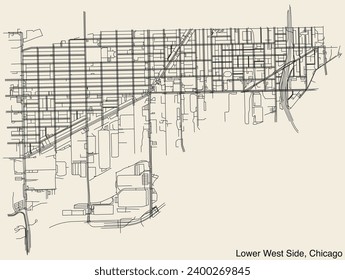 Detailed hand-drawn navigational urban street roads map of the LOWER WEST SIDE COMMUNITY AREA of the American city of CHICAGO, ILLINOIS with vivid road lines and name tag on solid background