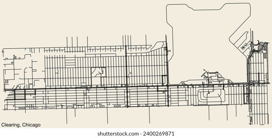 Detailed hand-drawn navigational urban street roads map of the CLEARING COMMUNITY AREA of the American city of CHICAGO, ILLINOIS with vivid road lines and name tag on solid background