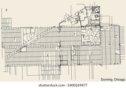 Detailed hand-drawn navigational urban street roads map of the DUNNING COMMUNITY AREA of the American city of CHICAGO, ILLINOIS with vivid road lines and name tag on solid background