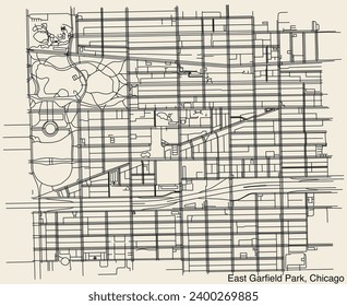 Detaillierte, handgezeichnete Straßenkarte der städtischen Straßen des OAST GARFIELD PARK GEMEINSCHAFTSGEBIETS der amerikanischen Stadt CHICAGO, ILLINOIS mit lebhaften Straßenlinien und Namensschild auf festem Hintergrund