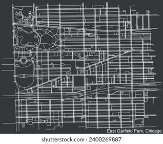 Detaillierte, handgezeichnete Straßenkarte der städtischen Straßen des OAST GARFIELD PARK GEMEINSCHAFTSGEBIETS der amerikanischen Stadt CHICAGO, ILLINOIS mit lebhaften Straßenlinien und Namensschild auf festem Hintergrund