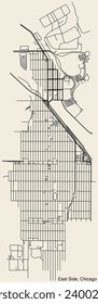 Detailed hand-drawn navigational urban street roads map of the EAST SIDE COMMUNITY AREA of the American city of CHICAGO, ILLINOIS with vivid road lines and name tag on solid background