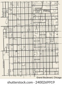 Detailed hand-drawn navigational urban street roads map of the GRAND BOULEVARD COMMUNITY AREA of the American city of CHICAGO, ILLINOIS with vivid road lines and name tag on solid background