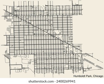 Detailed hand-drawn navigational urban street roads map of the HUMBOLDT PARK COMMUNITY AREA of the American city of CHICAGO, ILLINOIS with vivid road lines and name tag on solid background