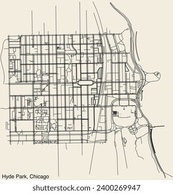 Detaillierte, handgezeichnete Straßenkarte der Straßen des HYDE PARK COMMUNITY AREA der amerikanischen Stadt CHICAGO, ILLINOIS mit lebhaften Straßenlinien und Namensschild auf festem Hintergrund