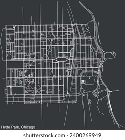 Detaillierte, handgezeichnete Straßenkarte der Straßen des HYDE PARK COMMUNITY AREA der amerikanischen Stadt CHICAGO, ILLINOIS mit lebhaften Straßenlinien und Namensschild auf festem Hintergrund