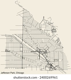 Detailed hand-drawn navigational urban street roads map of the JEFFERSON PARK COMMUNITY AREA of the American city of CHICAGO, ILLINOIS with vivid road lines and name tag on solid background