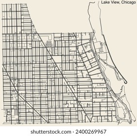 Detailed hand-drawn navigational urban street roads map of the LAKE VIEW COMMUNITY AREA of the American city of CHICAGO, ILLINOIS with vivid road lines and name tag on solid background