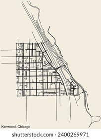 Detailed hand-drawn navigational urban street roads map of the KENWOOD COMMUNITY AREA of the American city of CHICAGO, ILLINOIS with vivid road lines and name tag on solid background